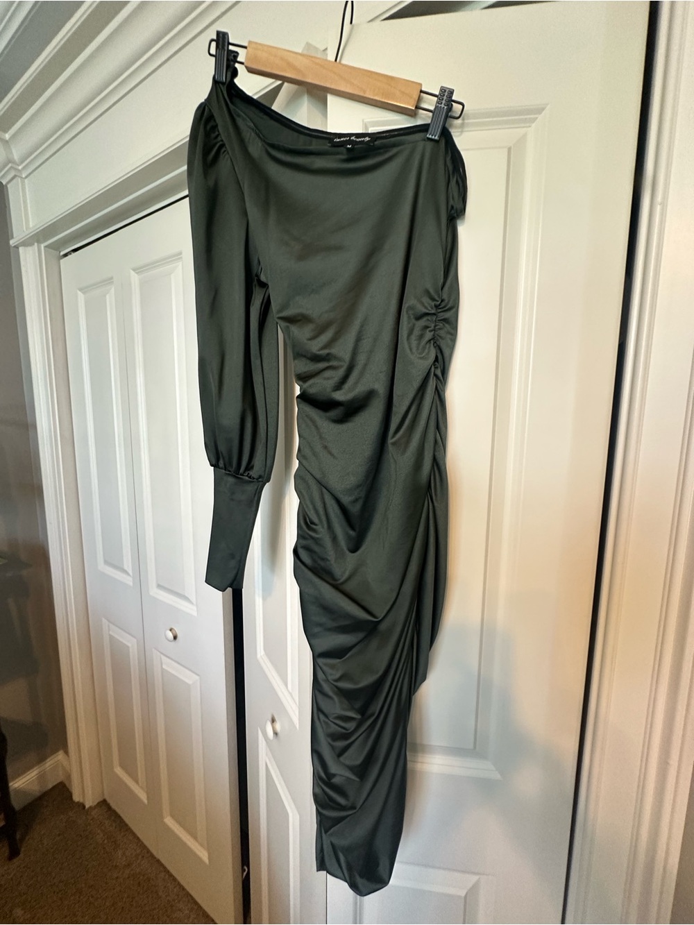 Asymmetric One-Shoulder Ruched Jumpsuit in Olive Green